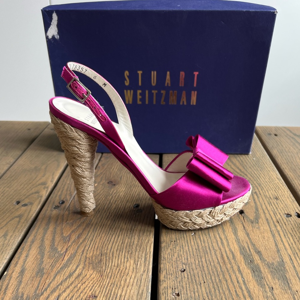 Stuart Weitzman ‘Bogus’ Fuchsia Satin Bow Platform Sandals - Sz 6